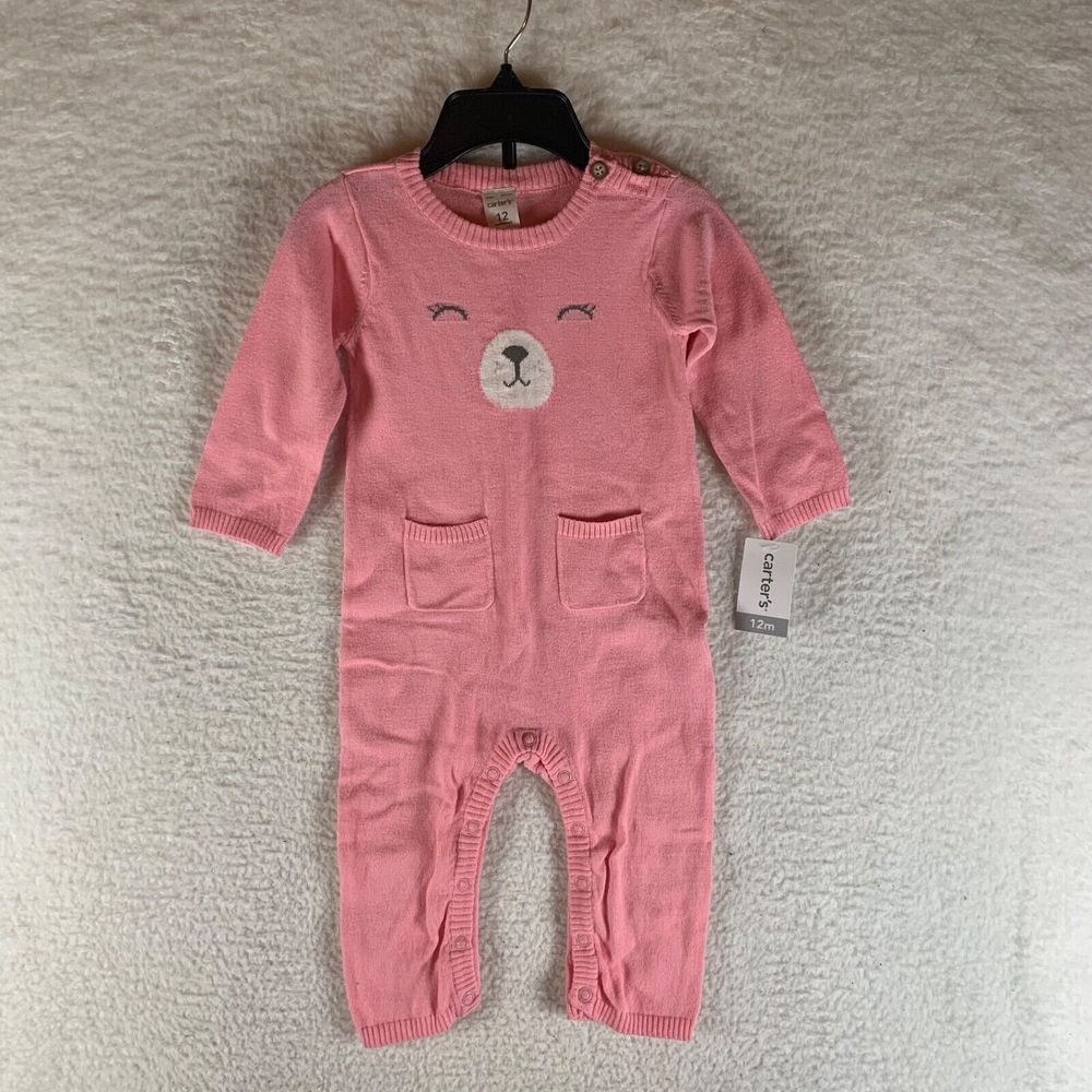Carter's Baby Girls‎ Pink Bear Sweater Knit Jumpsuit Size 12 Months NWT